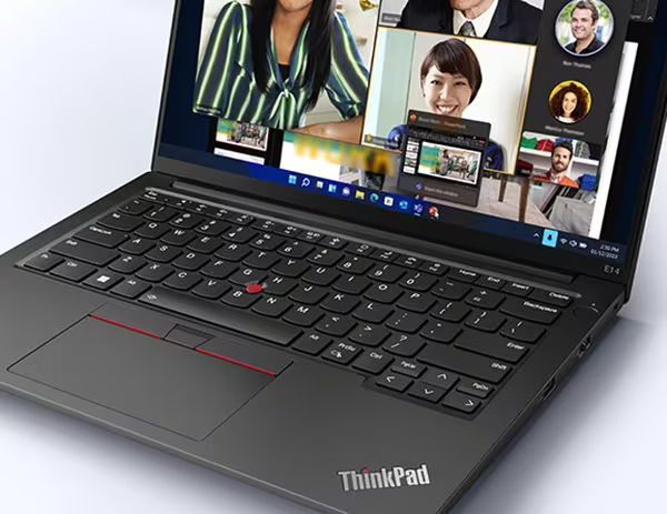 Right three-quarter view of black Lenovo ThinkPad E14 AMD Gen 5 laptop tilted up to sit on its front right corner