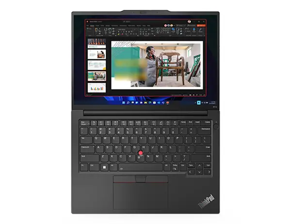 Black Lenovo ThinkPad E14 AMD Gen 5 in front view with laptop showing